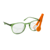 Oransje brillerens i bruk på briller i grønn innfatning