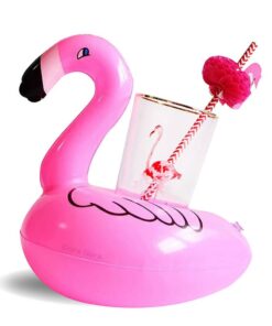 Oppblåsbar drikkeholder formet som flamingo med flamingoglass og sugerør