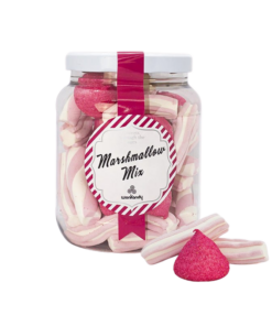 Nydelig marshmallows med smak av jordbær og vanilje i krukke