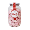 Stor krukke med hjerteformet marshmallows i rosa og hvitt preg