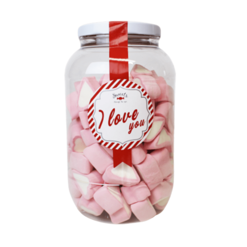 Stor krukke med hjerteformet marshmallows i rosa og hvitt preg