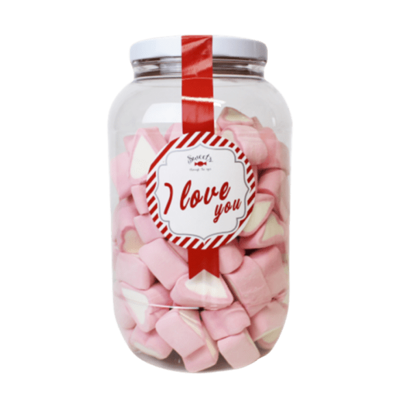 Stor krukke med hjerteformet marshmallows i rosa og hvitt preg