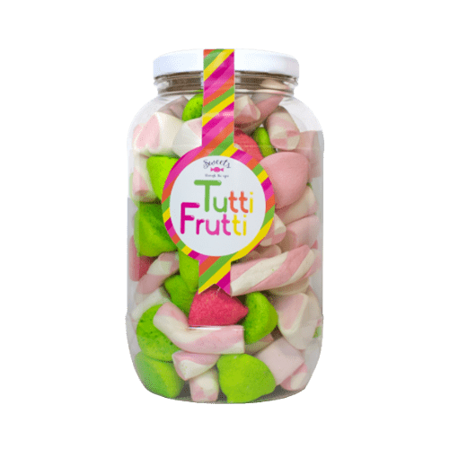 Stor krukke med marshmallow mix, med innhold av ulike tutti-frutti smakende godteri